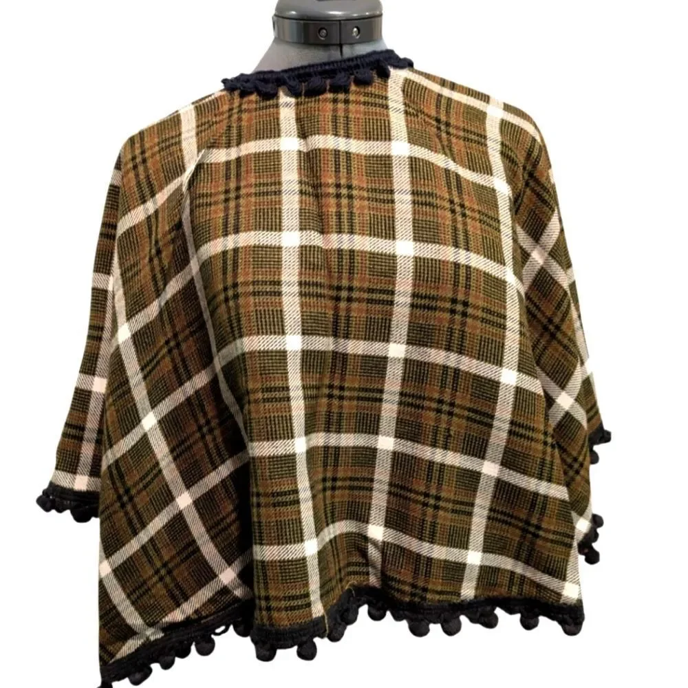 70s Vintage Wool Plaid Poncho & Matching Skirt with Pom Pom‎ Trim MCM